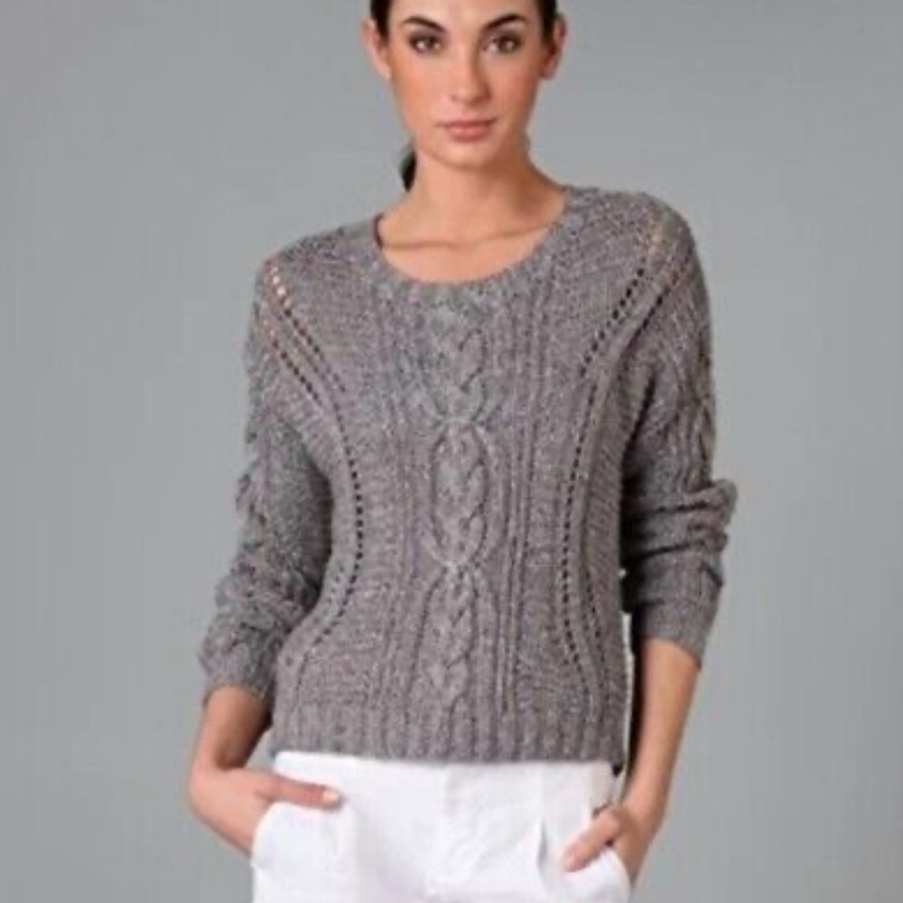 EUC Vince hand knit grey cotton blend cable knit lng sleeve waist length sweater